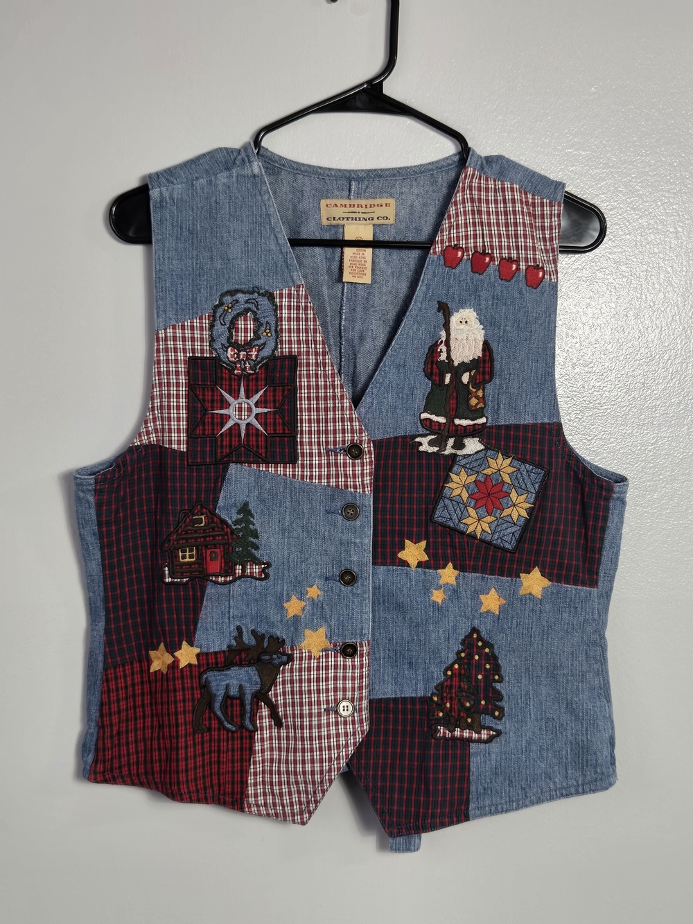 Vintage Cambridge Co Christmas Denim Patchwork Vest Santa Plaid Country Size M